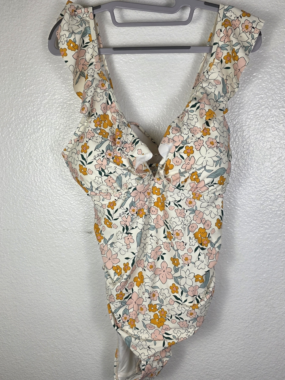 Floral Ruffle One-Piece Swimsuit - White with Pink & Mustard Floral